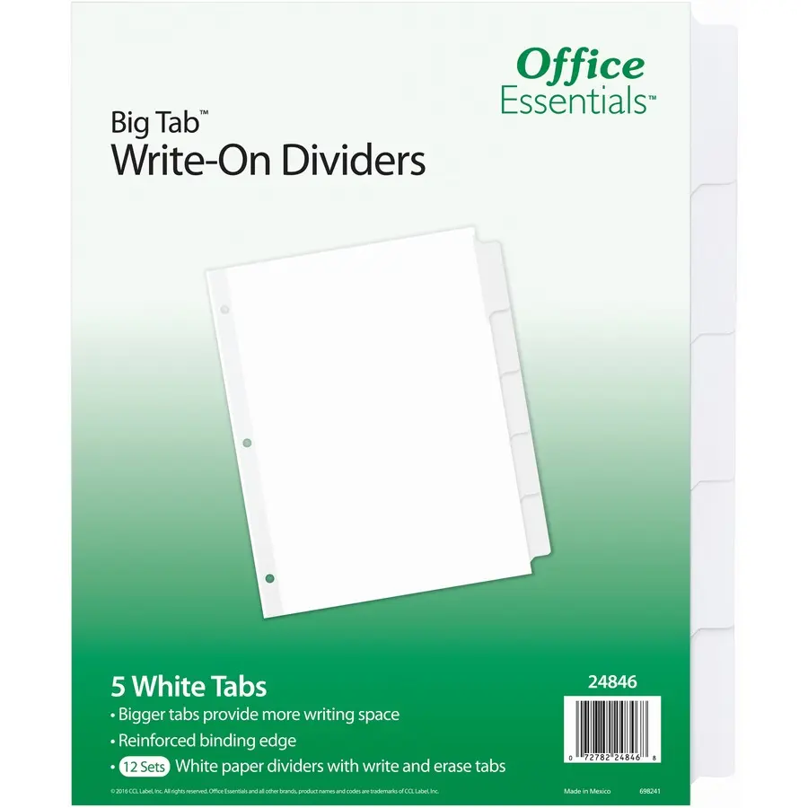 Essendant AVE24846 Big Tab-TM Write-On Tab Dividers, Office Essentials Binder Accessory - Pack of 4, Write-On Tabs