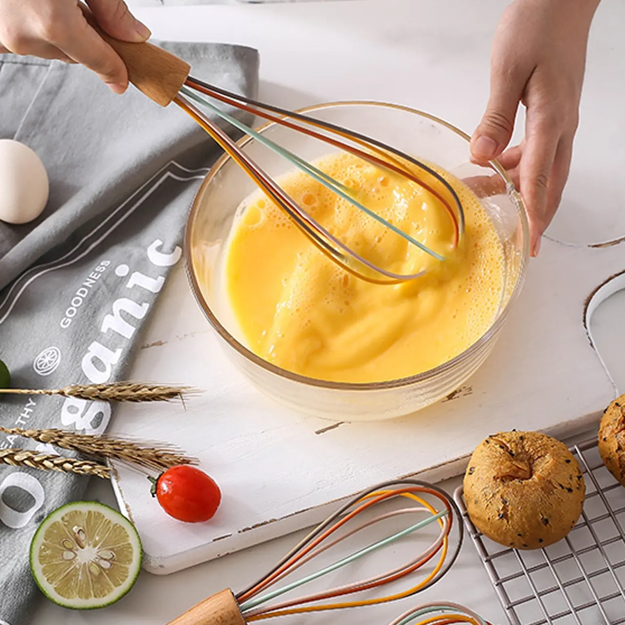 8 Inch and 10 Inch Silicone Manual Egg Whisk with Wooden Handle, Kitchen Baking Mixer for Home Use, Handheld Egg Beater for Easy Cooking