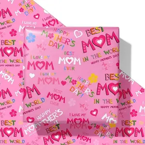 Mother's Day Wrapping Paper for Mom Women- Pink Gift Wrap With Happy Mother's Day Best MoM, Heart, Floral and Butterfly for Mother's Day, Birthday