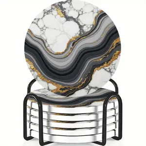 6-Piece Coaster Set Marble & Gold Texture Ceramic Non-Slip Heat Resistant Coffee Drink Home Restaurant Decor Ideal Gift Birthday Festival