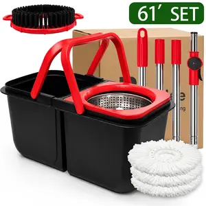 61in Cleaning Spin Mop Bucket Set with Wringer - Collapsible Space-Saving Dual-Chamber System, Adjustable Stainless Steel Telescopic Handle, Built-in Drain Plug, Brush, 3 Reusable Microfiber Mop Heads for Hardwood, Tile Floors
