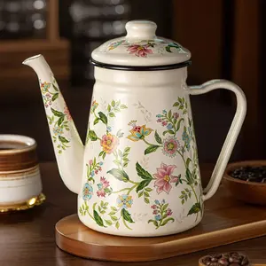 1pc 1.2L Multi-Color Enameled Coffee Pot, Handheld Long Spout Tea Kettle, Home Boiling Water Jug, Gift Teapot, Floral Design, Electromagnetic Induction