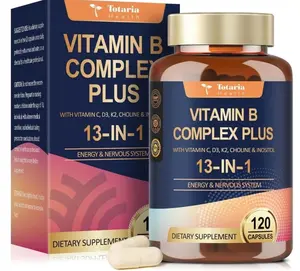 13-in-1 Vitamin B Complex Plus with Vitamin B1, B2, B3 (Niacinamide), B4, B5, B6, B7 (Biotin), B8 (Inositol), B9 (Folate), B12, C, D3, K2 - Energy, Nerve, Immune, Skin Support - 120 Vegan Capsules