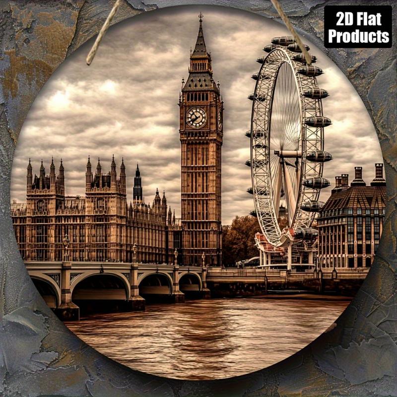1PC London Theme Round Wooden Wall Art - Suitable for Bars, Kitchens, Cafes, Homes, Office Decorations - Includes Big Ben and London Eye, Perfect for Parties and Holiday Gifts, Office Decorations| London Skyline Art| Durable Wooden Picture Frame, London W