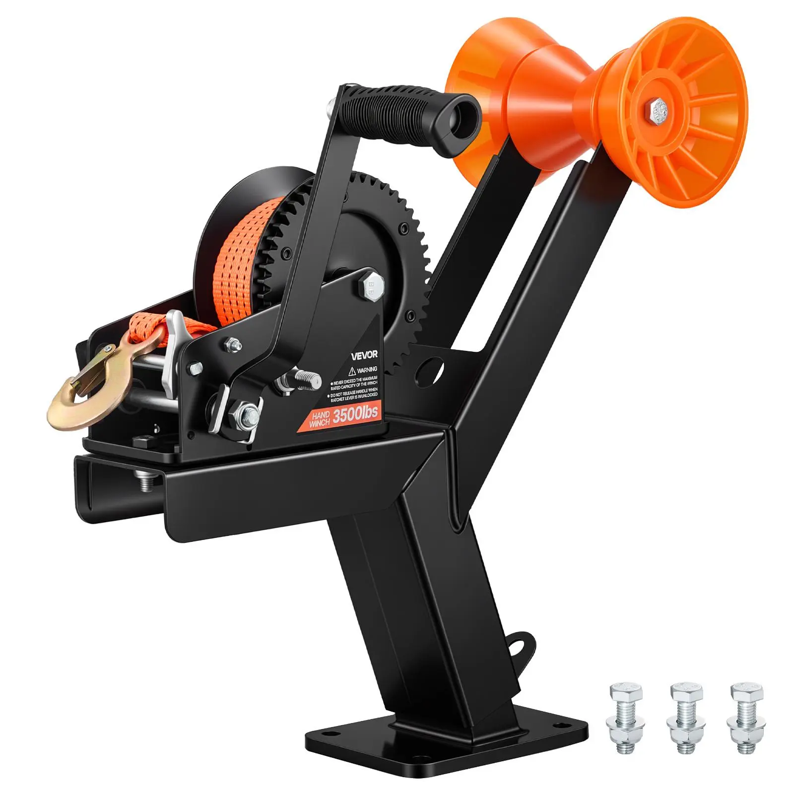 【DealsForYouDays】VEVOR Boat Trailer Winch Stand with Roller, 3500 lbs, 20ft Orange Polyester Strap, Boat Winch Mount, for 2-3 Inches W x 3-4 Inches H Trailer Tongue, Fit for Jet Ski, Sailboat, Speedboat, Loading, 1588 Kg