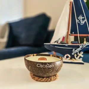 CocoZen.org's Non-Toxic all natural coconut shell candles - Eucalyptus Scent Candle - Fresh, crisp and refreshing. Revive your scenes and your zen.
