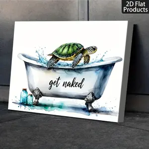 2D Flat, 1 Piece Fun Turtle Bathroom Art Painting - Solid Wood Frame Waterproof Canvas Wall Decoration, Wooden Wall Art, with Hanging Accessories, Country Retro Style Suitable for Bathroom, Living Room - Holiday Gift for Him or Her