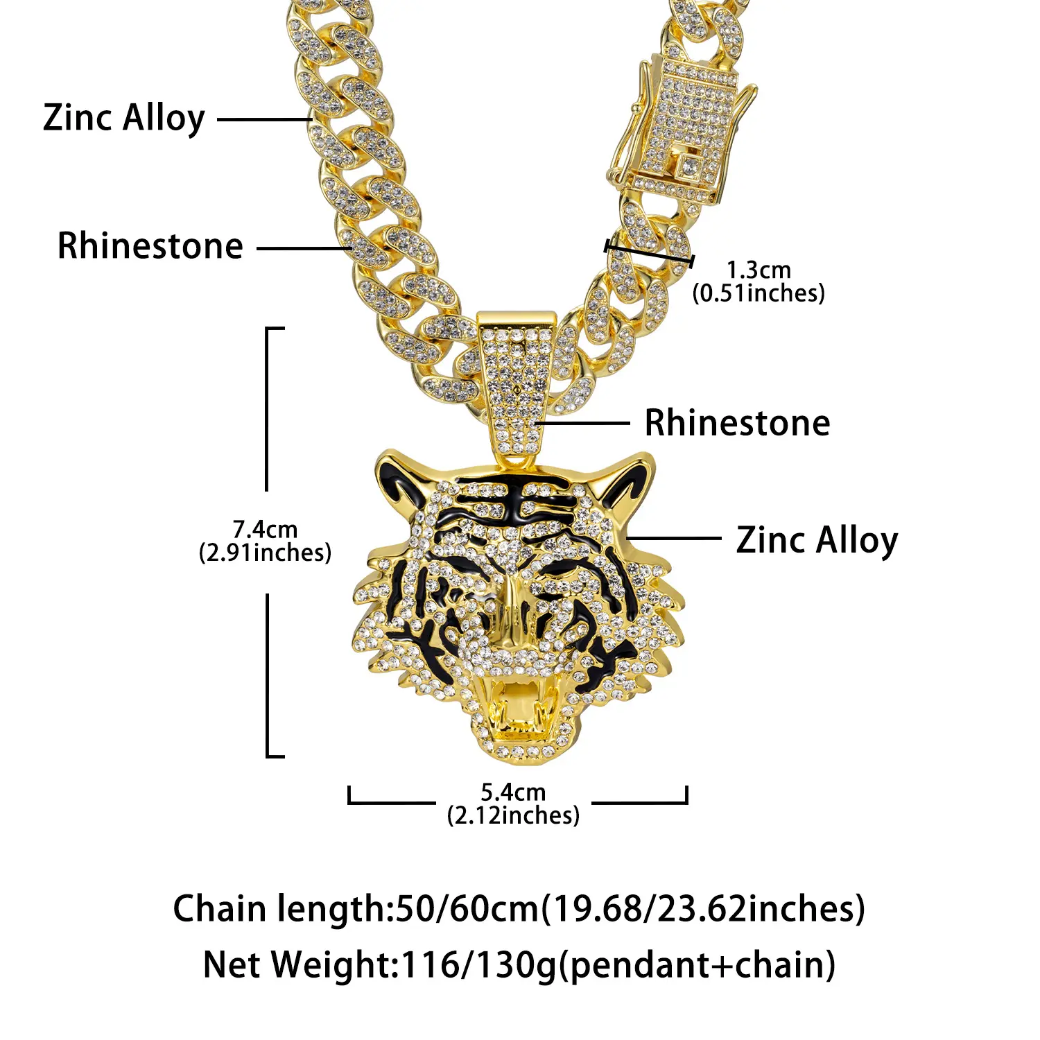 3D Fierce Tiger Head Iced Pendant Necklace 14mm Heavyweight Miami Cuban Link Chain Stainless Steel CZ Stone Enamel Tiger Stripes HipHop Men Jewelry, Tiger King