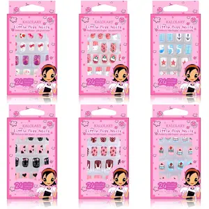 Kalolary 144PCS kids False Nail, Press on Pre-glue Full Cover Candy Pattern Short False Nail Kits,6Pack Press on Nails for Candy Child Nail Tips ,Holiday Gifts Lovely Gift for Kids Little Girls Nail Art Decoration Mommy & Me Valentine Nails Kit