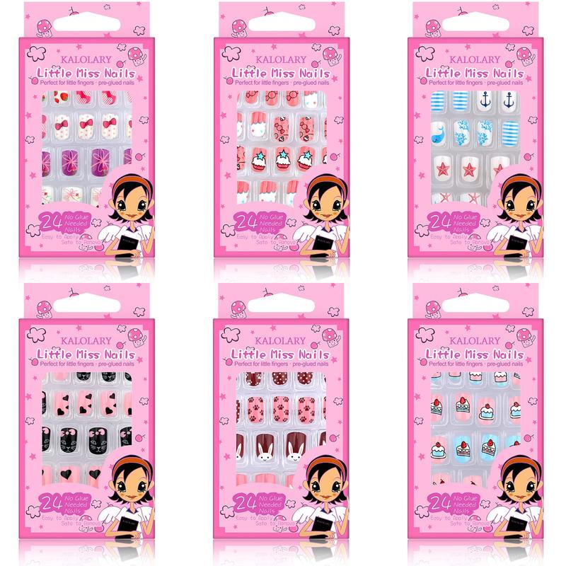Kalolary 144PCS kids False Nail, Press on Pre-glue Full Cover Candy Pattern Short False Nail Kits,6Pack Press on Nails for Candy Child Nail Tips ,Holiday Gifts Lovely Gift for Kids Little Girls Nail Art Decoration Mommy & Me Valentine Nails Kit