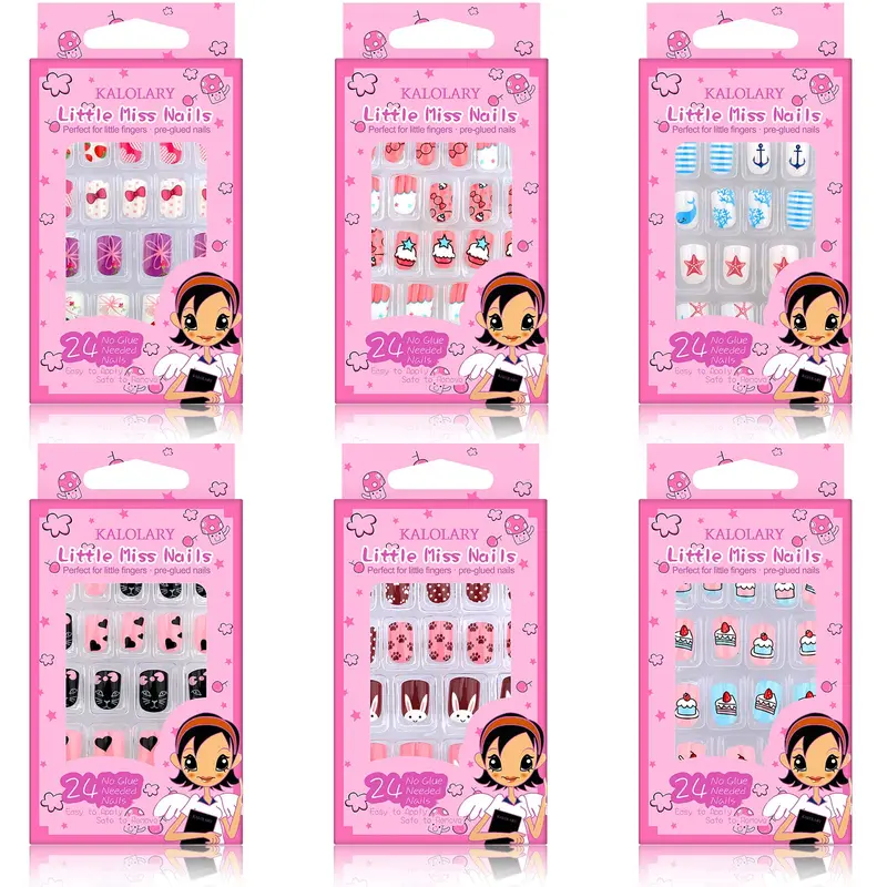 Kalolary 144PCS kids False Nail, Press on Pre-glue Full Cover Candy Pattern Short False Nail Kits,6Pack Press on Nails for Candy Child Nail Tips ,Holiday Gifts Lovely Gift for Kids Little Girls Nail Art Decoration Mommy & Me Valentine Nails Kit