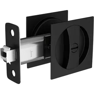 Matte Black Pocket Door Lock, Zinc Alloy Pocket Door Hardware(2-3/8" Backset), Square Pocket Door Handles, Pocket Door Locks for Bathroom and Closet Door, 1 Pack