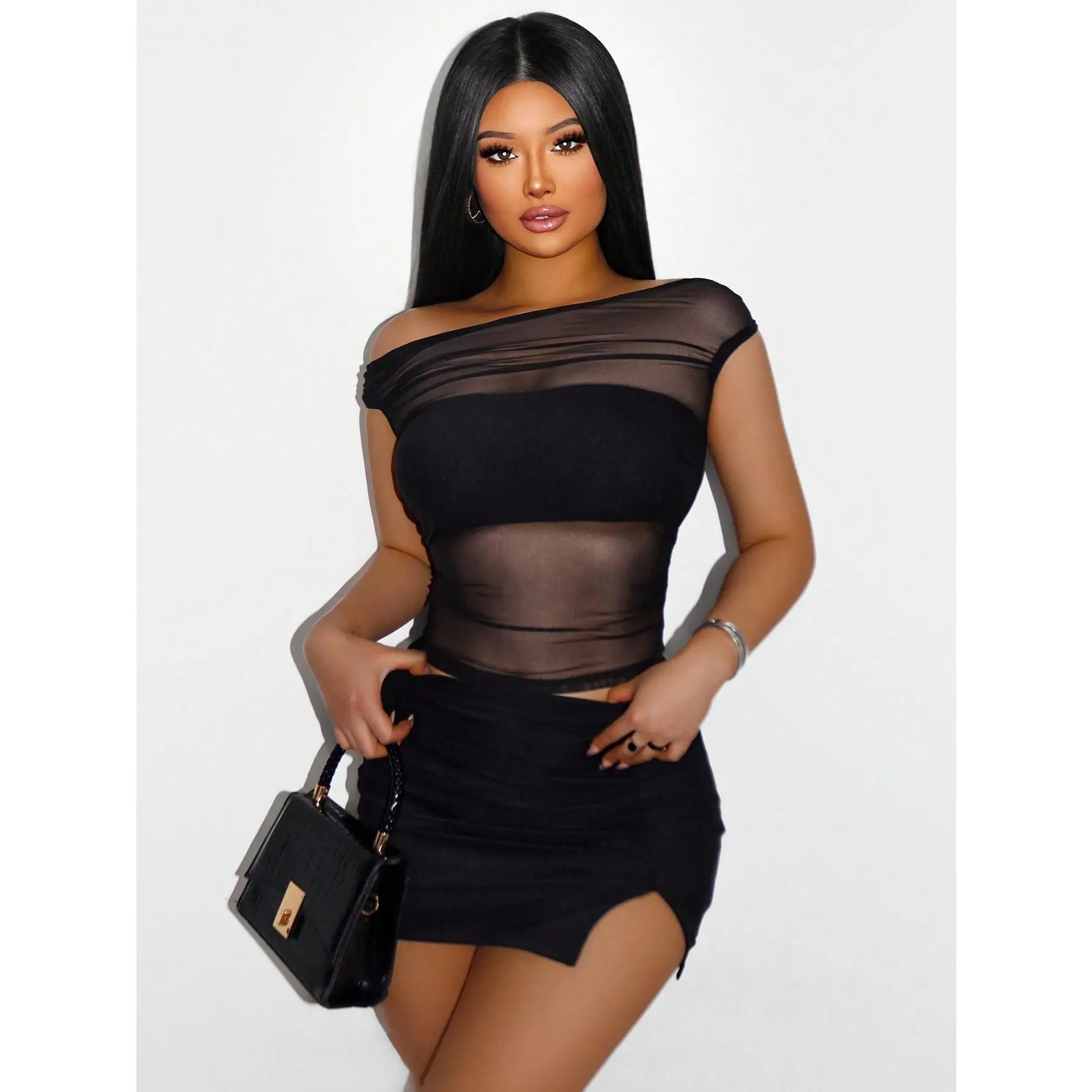 Women's 2pcs Solid Color Mesh Crop Top and Mini Skirt Set Sheer See Through Outfit for Beach Vacation Music Festival Club Rave Party