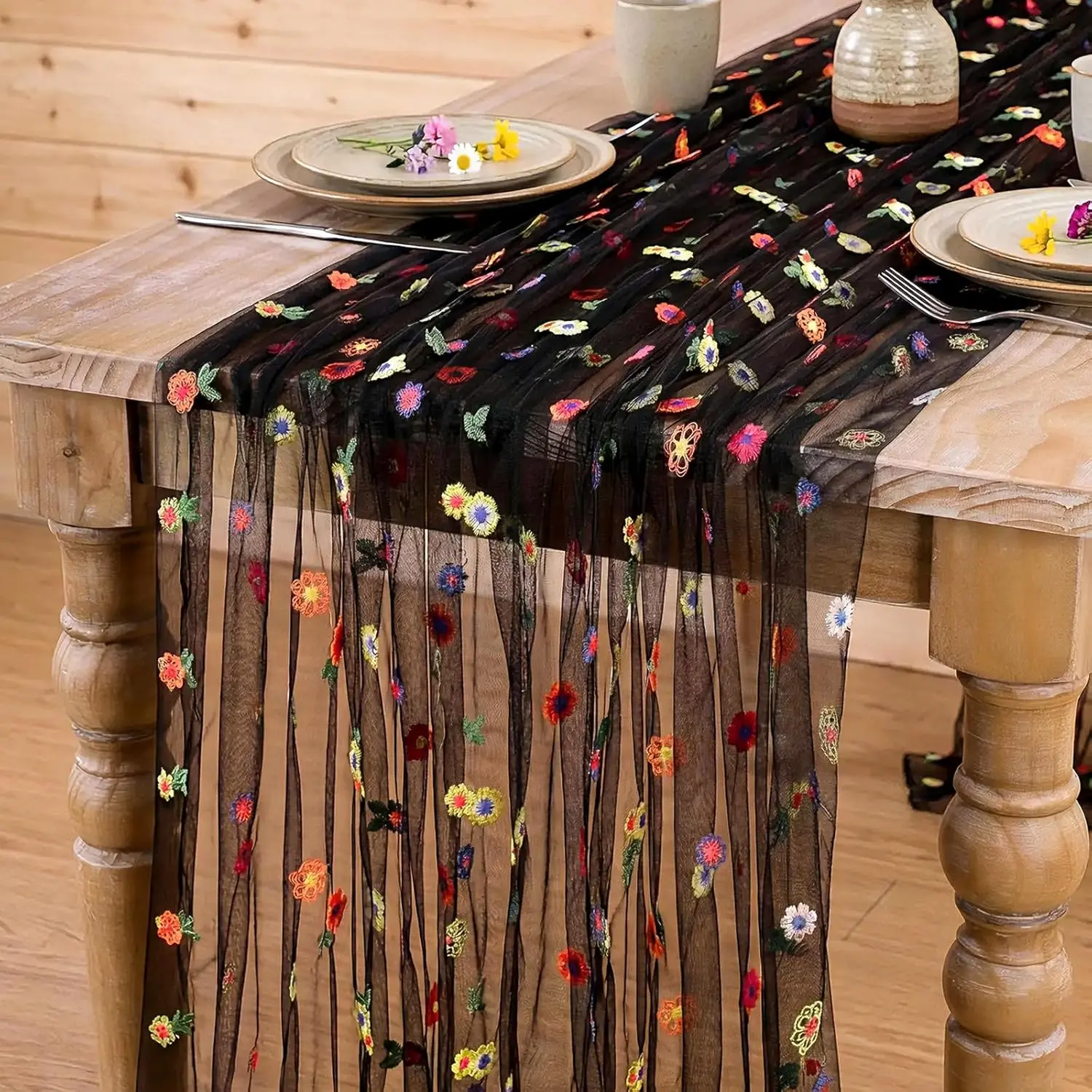 Black Table Runner Floral Gauze Tulle Fabric 120 Inch 10FT Seasonal Sheer Overlay for Spring Kitchen Wedding Birthday Party Dining Table Decor