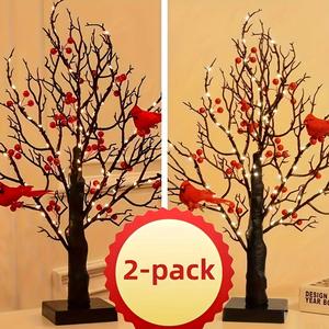 2 Elegant 21-Inch LED Light-Up Potted Trees with Red Berries and Cardinals - Black Artificial Birch Tree Table Lamps, 60 Warm White LED Beads, Suitable for Christmas, Halloween, Thanksgiving Decorations, AA Battery-Powered (Batteries Not Included)