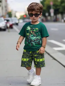 Ready Stock Boys Outfits 4Y,5Y,6Y,7Y Boys' Dinosaur Car Pattern Round Neck Short Sleeve T-Shirt + Full Print Shorts 2Pcs Summer Casual Clothes Set 42503110