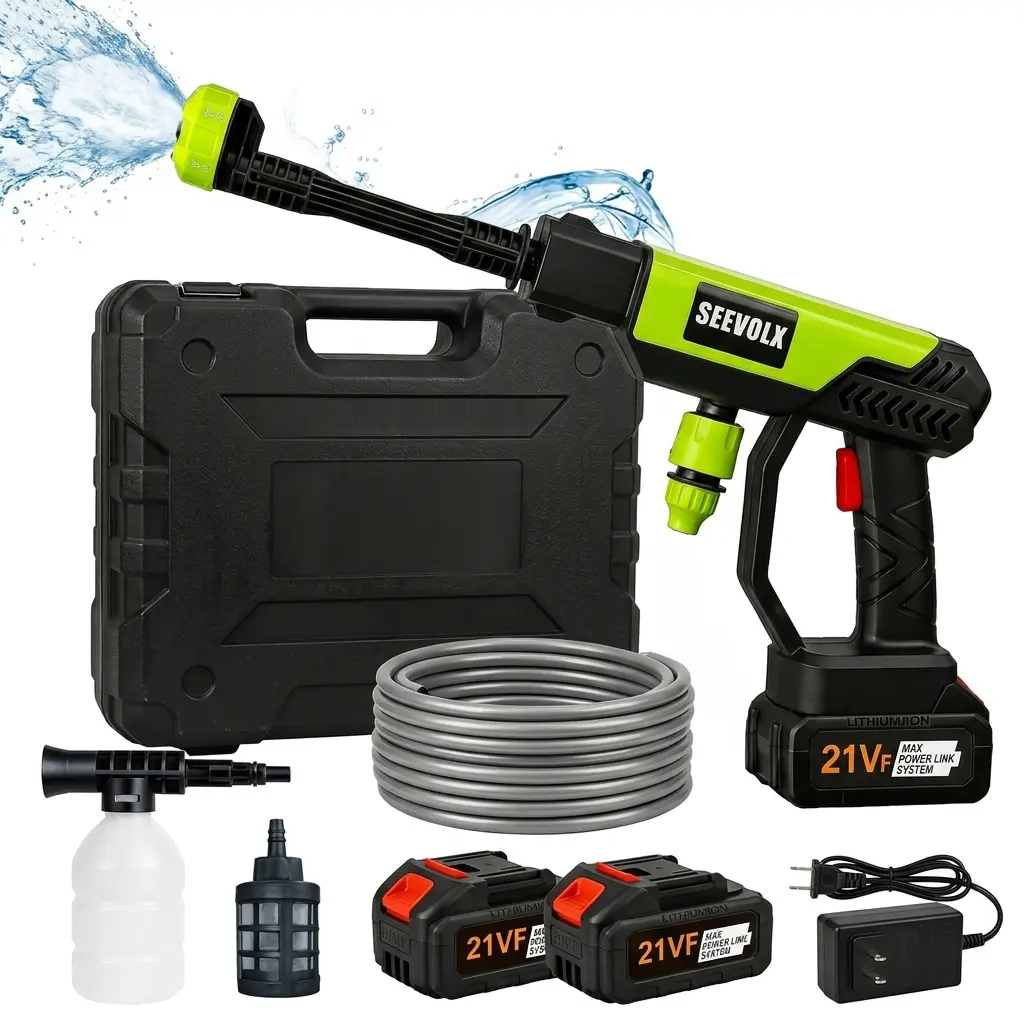 SEEVOLX Portable Power Cordless Pressure Washer with Charger Base & Accessories, Ideal for Greenish Home, Car and Outdoor Garden Cleaning