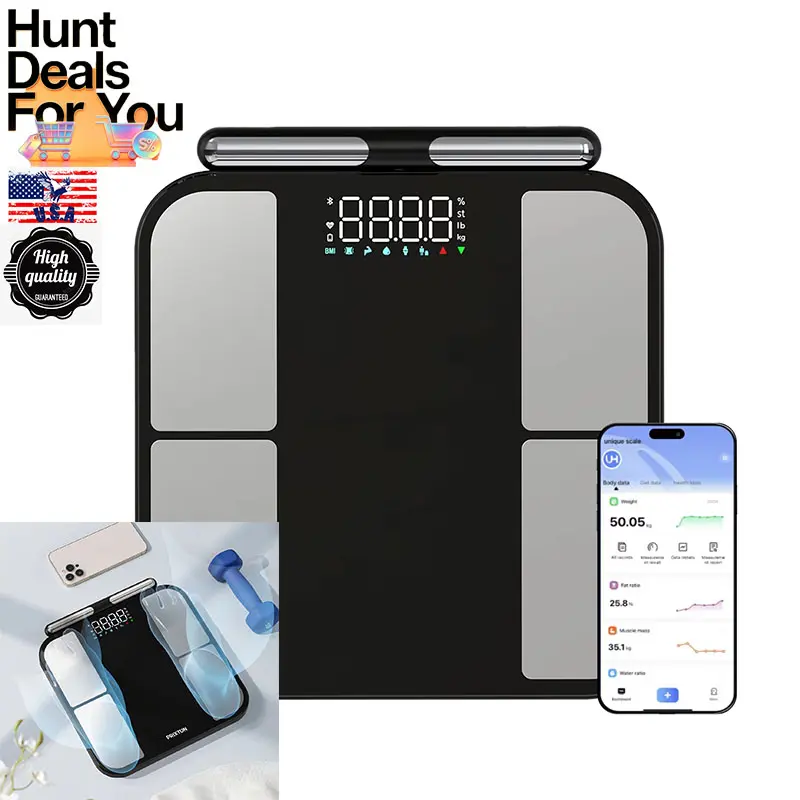 Smart Body Weight Scale with 56 Body Metrics Including BMI Fat Muscle Mass Wireless Connectivity Supports Up To 200 Users Maximum weight 180 kg Bioimpedance Technology For accurate Measurements APP to phone
