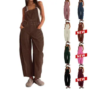 Women's Corduroy Overalls Barrel Wide Leg Bib Pants Adjustable Romper Jumpsuit with Pockets