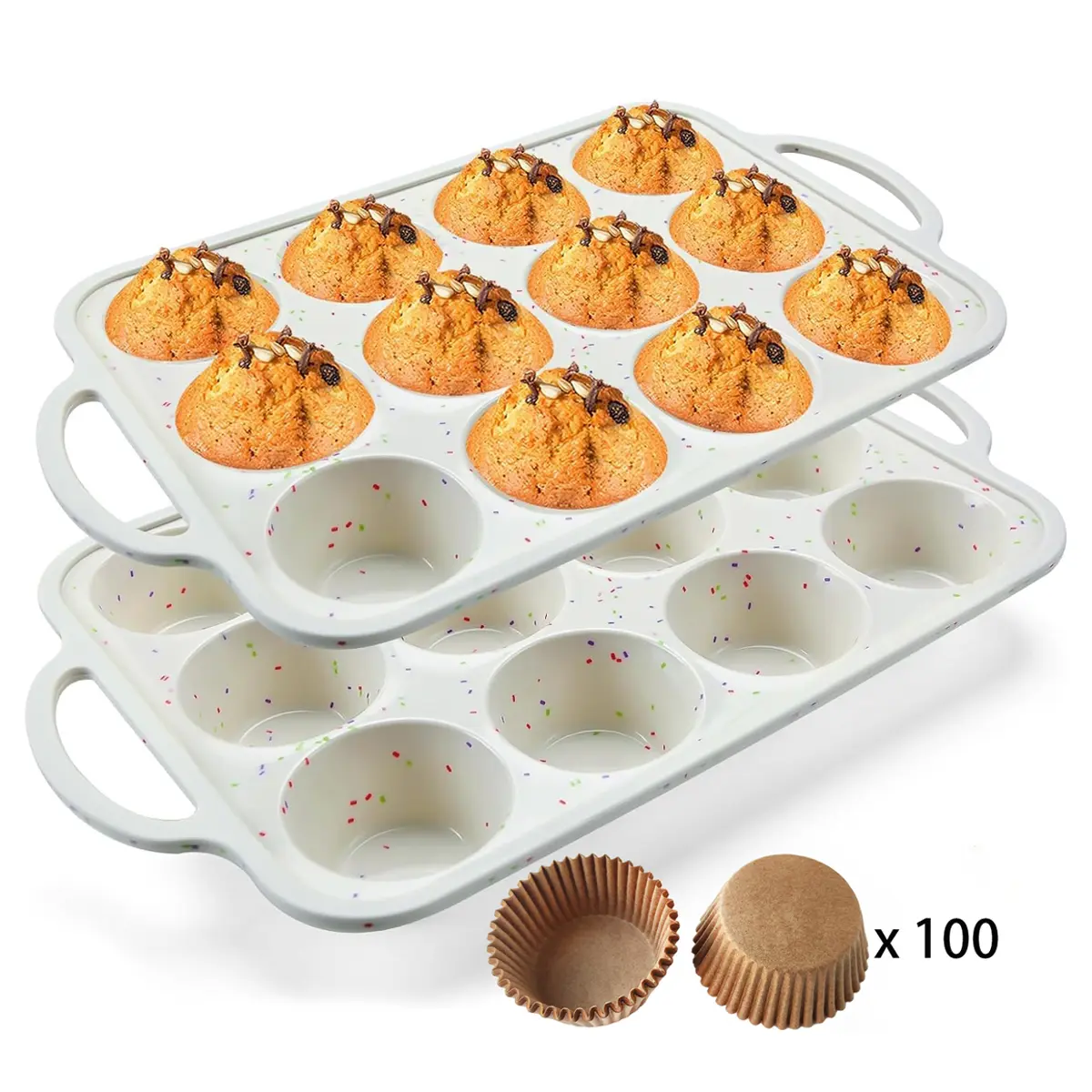 Sebastian CADIA Non-Stick Carbon Steel Muffin Tray - 102-Piece Batch Pan, Wide Handles, Oven Safe, 100 Paper Cups Included, Confetti Print Baking Tin for Home Parties