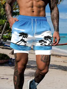 Men's American Style Printed Beach Pants, Casual Fitted Sports & Leisure Swim Trunks, All over Print, Summer Vacation Essential, Swim Shorts, Swimming Trunks, Swimwear Shorts