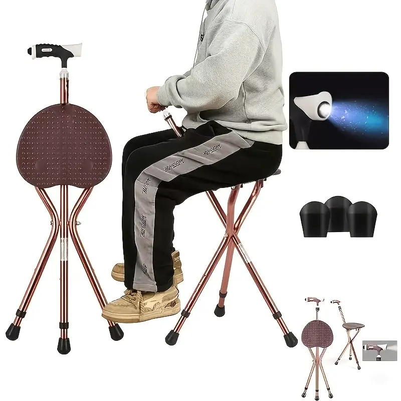 Folding Cane with Seat (480 Lb Weight Capacity): Heavy-duty Tripod Cane-seat Featuring An LED Light And Adjustable Height; Portable, Non-slip Design.