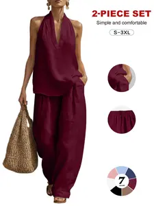 Women's Casual Solid Color Pajama Set, V-Neck Loose Fit Comfortable Sleepwear, Two-Piece Homewear for Relaxing at Home or Outdoors, Loungewear