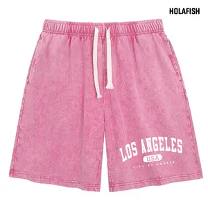 Holafish Women's Los Angeles USA Retro Shorts Premium Acid Wash Cotton Relaxed Fit Sweat Shorts with Side Pockets Elastic Drawstring for Unisex Street Style summervibes