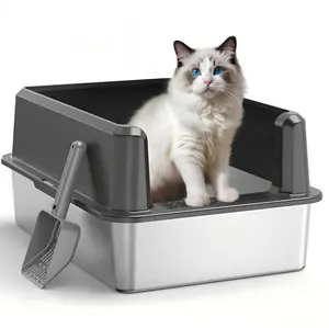 Petwhole Open Top Stainless Steel Cat Litter Box-thickened & durable with built-in litter trapping grille for all cats,high anti-splash side walls,easy to wipe clean, long-lasting odor-resistant（Gray XL）