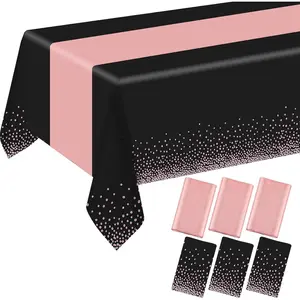 6 Pack Rectangle Plastic Dot Tablecloth Set, 54 X 108 Inch Plastic Table Cover, 12 x 108 Inch Satin Table Runners for Wedding Graduation Birthday  Year Party Decorations (Black, Rose )