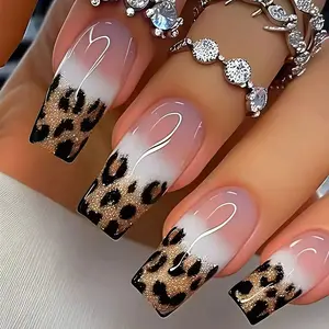Medium-Length Leopard Print 24-Piece Nail Stickers, Leopard Pattern, Elegant Reusable Fake Nails, Easy-To-Remove for Daily Use, Parties, Travel