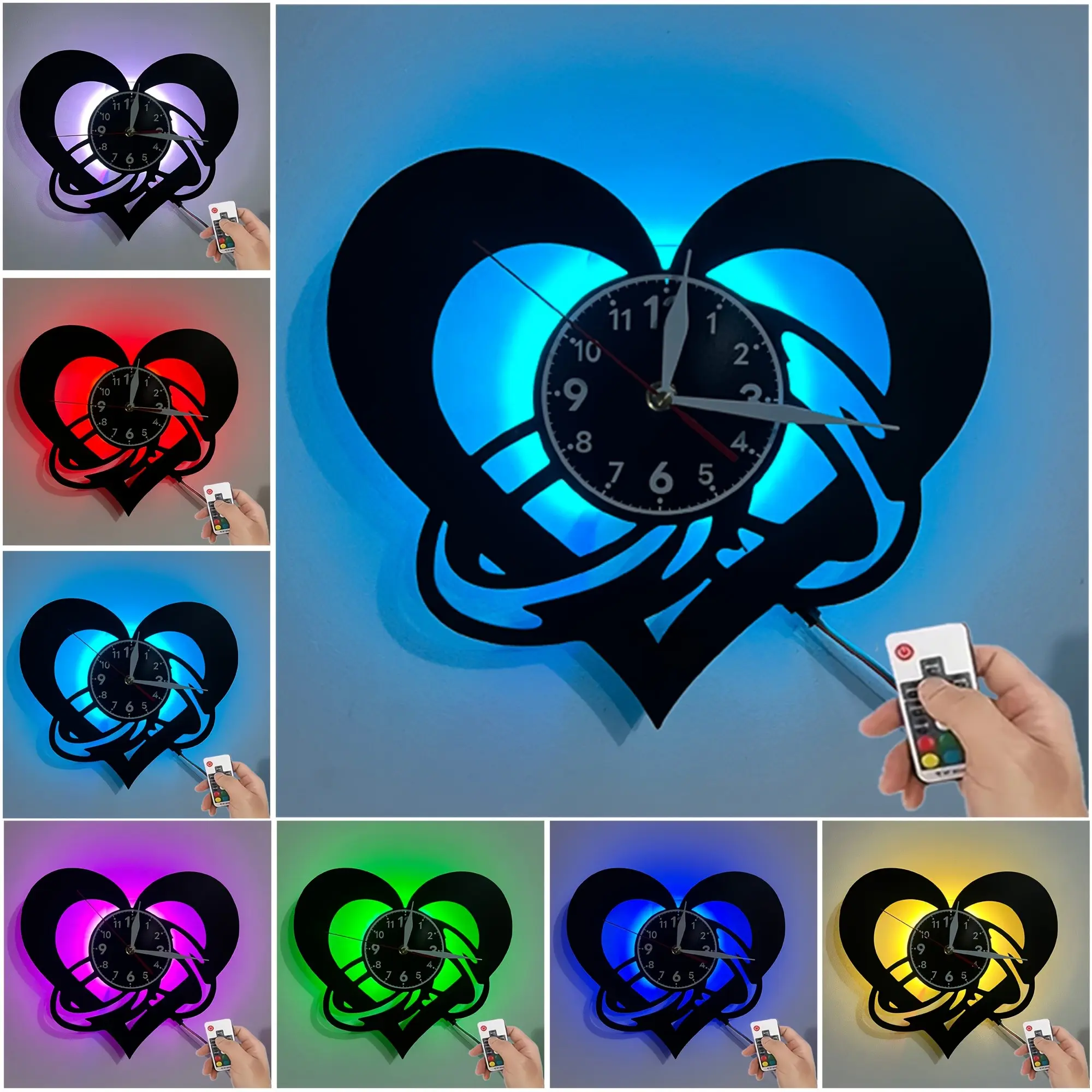 Vintage Heart-Shaped Vinyl Record LED Wall Clock, Silent Movement, 7 Color Light, Ideal Gift for Living Room Bedroom Decor
