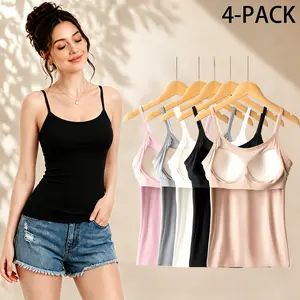 【4 Pack】Trending Minimalist Breathable Fabric Women Adjustable Spaghetti Strap U Neck Tank Top Buttery Soft Non See Through Double Lined Slim Fit Essential Camisole Casual Layering Basic Womenswear Summer Outfits Inspo Tops Daily Office Wear