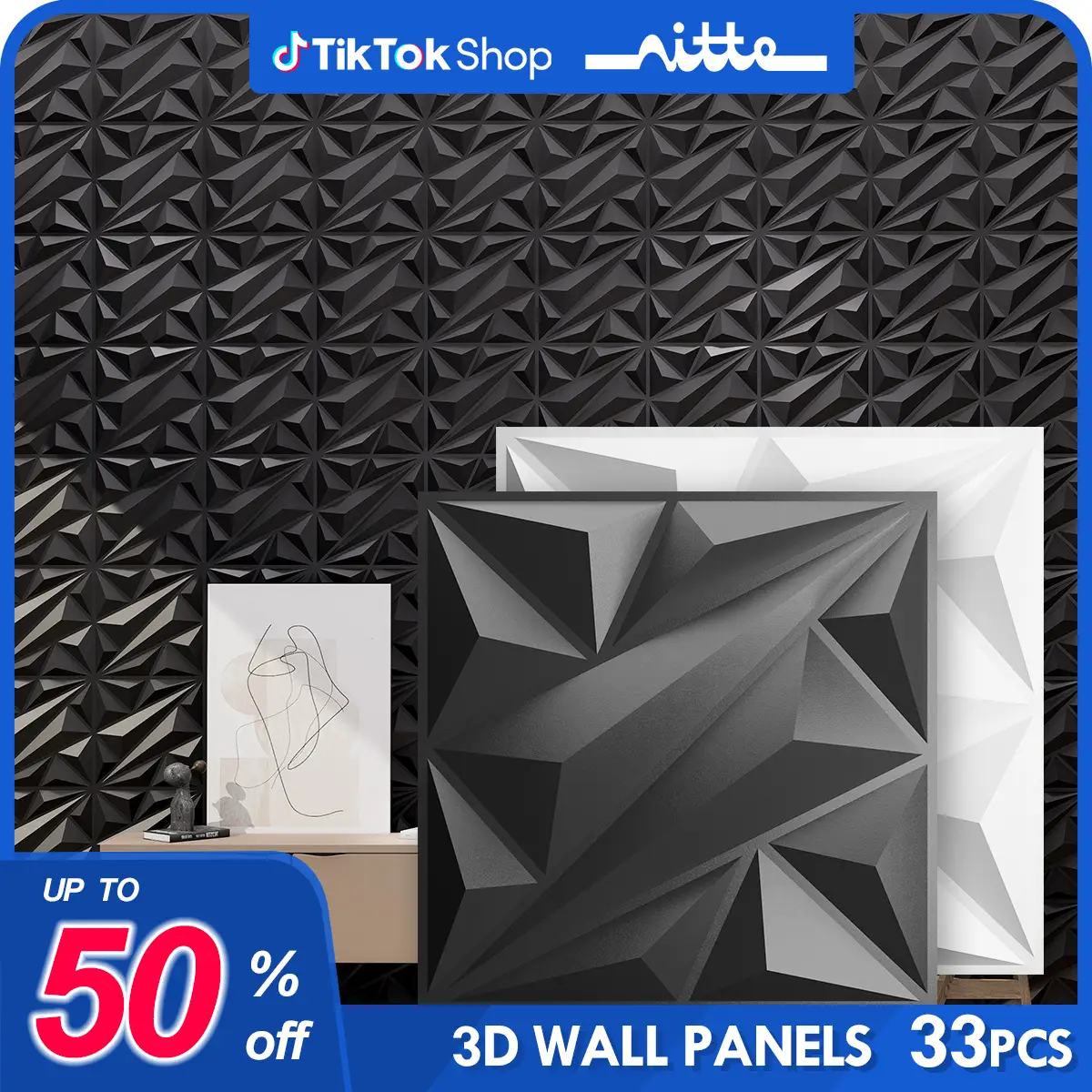 Nitte 33pcs PVC 3D Wall Panels in Diamond Design, 11.8*11.8inch (30*30cm), for Interior Wall Decor in Living Room, bedroom, kitchen room, TV backgroun