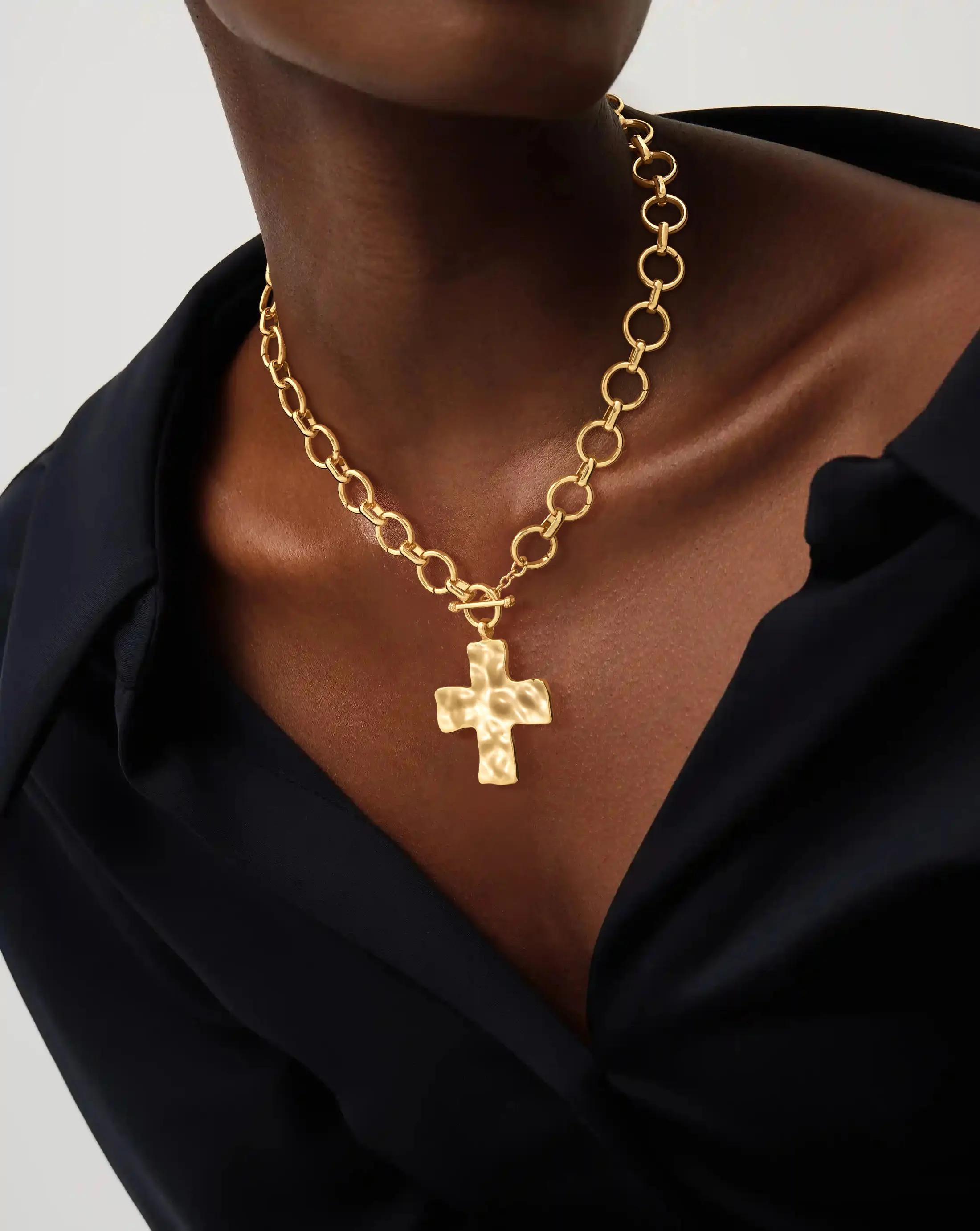 Gold Chunky Cross Necklace for Women Statement Cross Pendant Necklace Layered Hammered Bold Cross Necklace Vintage Toggle Clasp Necklace Accessories tennis petal update hat sand casting jewelry