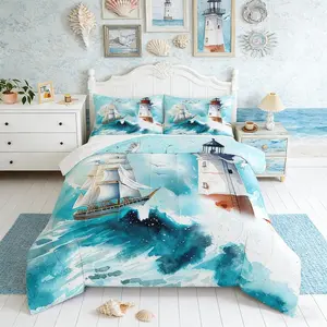 Feelyou Nautical Polyester Fiber Comforter Set - Seascape Bedding with Lighthouse, Sailing Boat, Watercolor Sea Waves, Lightweight Warmth, Travel-Ready, Multi-Size for Kids’ Room Decor