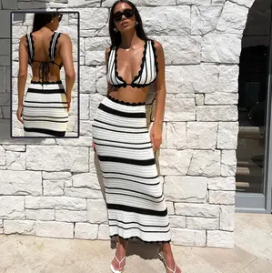 Knitted Two Piece Set - Crochet Design, Adjustable Bralette & Skirt for Womenswear, Ideal for Beachwear and Bohemian Style