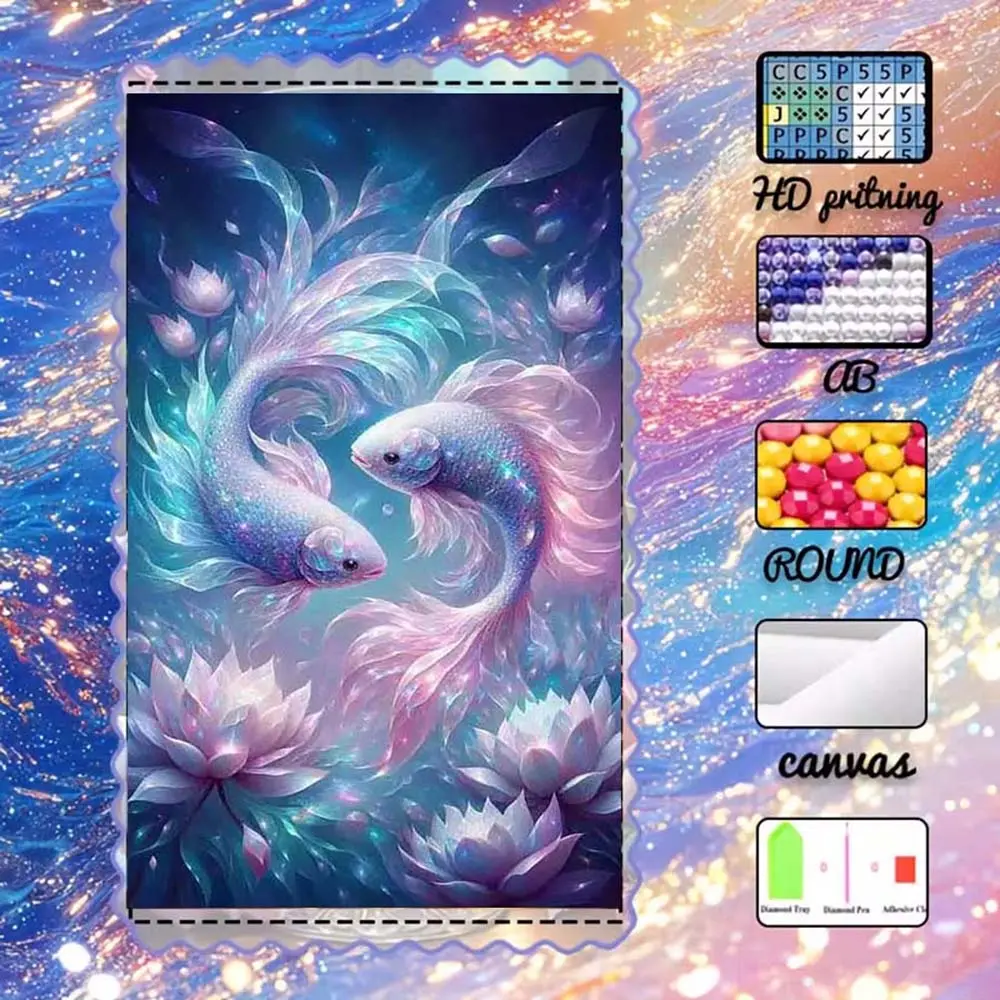 DIY 5D velvet diamond painting kit, AB diamonds, fairy dust diamonds, crystal diamonds, fish, lotus, colorful diamond embroidery, special craft diamond art set, wall decor, Handmade Gifts, gift for family, loved ones, friends