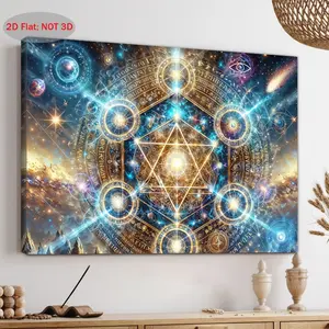 1 Piece Sacred Geometry Mekabah Canvas - Spiritual Wall Hanging with Golden Mandala Design, Wooden Frame Canvas Art, Used for Home Decoration, Meditation, Bedroom, Living Room, Bathroom, and Kitchen - Vibrant Blue and Gold Mystical Decoration