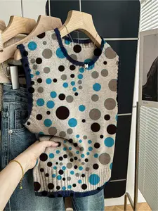 1pc Women's Spring/Summer Back to School Casual Loose Crew Neck Sleeveless Knit Top - Dark BluePiped Trim, Contrast Polka Dot Print, Gilet Compatible, Vests, Lady