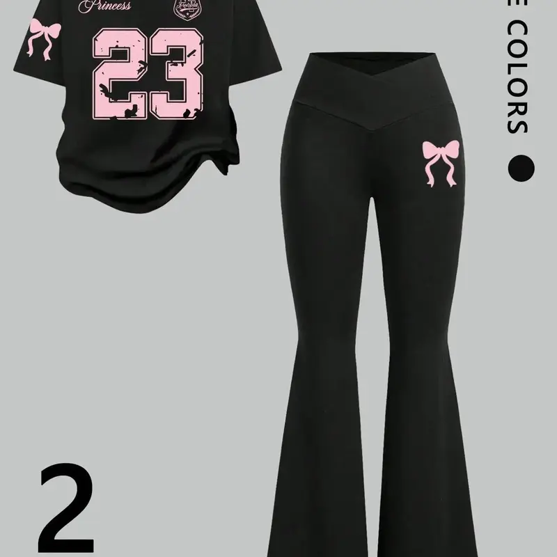 Women's Two-Piece Casual Short Sleeve Print T-Shirt & Long Pants Set, Casual Style Set, Fashion Summer, Comfortable, Breathable and Versatile, Daily Wear, Outfit, Womenswear