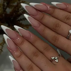 24 almond shaped long nail wearing white French minimalist high-end nail art pieces, removable fake nails, Nails Press Ons