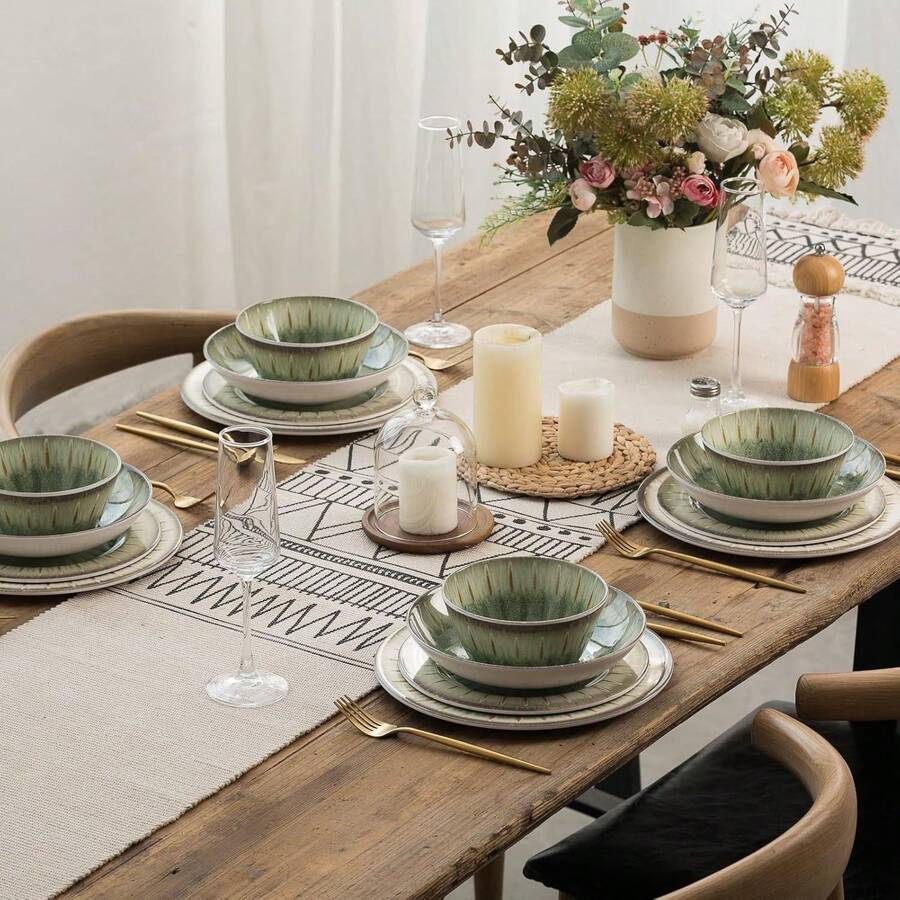 Melamine Dinnerware Set, 16 Piece 4, Unbreakable Kitchen Plastic Plates And Bowls Set, Indoor And Outdoor Use Tableware,, Dishwasher Top, Not Microwave, Not Oven(Green)