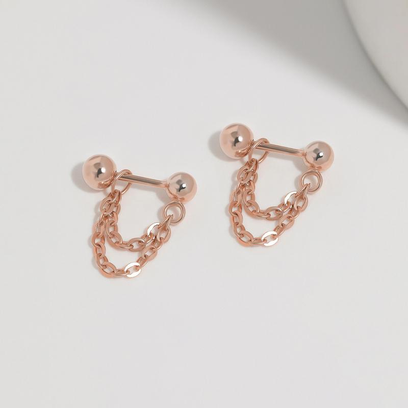 Double Chain Screw Back Earrings, S925 Silver & Gold & Rose Gold Dainty Double Two Chain Link Dangle 20g Studs Cartilage Earrings Multi Piercings Stackable Hypoallergenic Comfort Sleep On Minimalist Everyday Jewelry Gift for Her Women Christmas Birthday