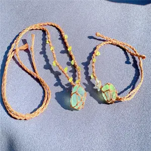 Natural Fluorite Raw Stone Braided Mesh Bracelet & Necklace Set, Handmade Vine Forest Style Jewelry