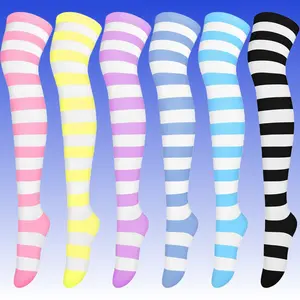 6 Pairs Striped Thigh High Stockings Set Breathable Warm Over-the-Knee Long Socks for Women Versatile Hosiery Ideal for Daily Casual Wear Winter Outfits Funny Cosplay Party Looks