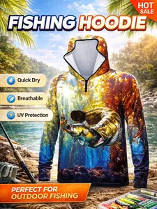 Men's Printed Fishing Shirt Hooded Quick-Dry Sun Protection Long Sleeve Fishing Clothing Outdoor Sea Bass Casting Sports Wear Breathable Athletic Top
