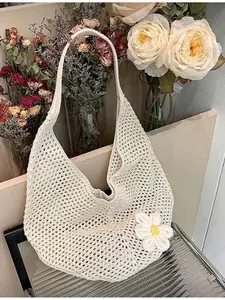 Bohemian Hollow Weave Beach Handbag Large Capacity Woven Floral Tote Bag Summer Vacation Travel Shopping Bag for Women Casual Beach Accessories