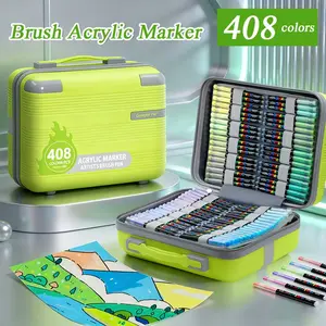 Guangna 408 Color Liquid Acrylic Markers Set, Professional Painting Essentials, Soft Tip Brush, Large Capacity Ink Cartridges, Portable Case