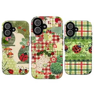 Retro Cottagecore Ladybug Phone Case, Whimsical Floral Garden Phone Cover for iPhone 11–17 Pro Max & Galaxy S21–S26, Cute Fruit & Caterpillar Collage, Coquette Summer Fruit Scrapbook – Green Polka Dot & Red Gingham Pattern, Aesthetic Fairycore Gift